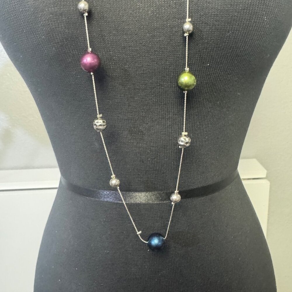 Multicolor Beaded Silver Chain Necklace Long Adjustable Lobster Clasp